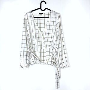 FRNCH Women’s Window Pane Plaid Print Wrap Long Sleeves V- Neck Top White Size M